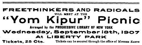 Advertisement for "'Yom Kipur Picnic" Organized by Emma Goldman and her Colleagues