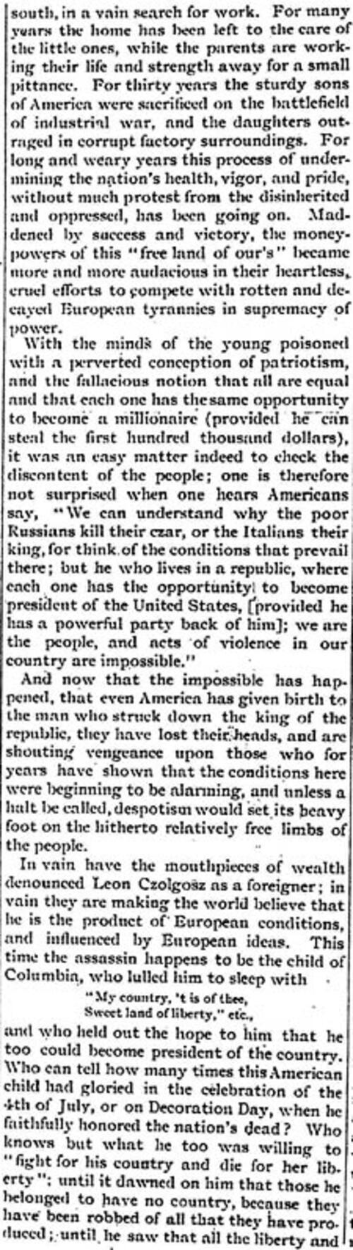 "The Tragedy at Buffalo" Article by Emma Goldman from Free Society, October 6, 1901, Page 2