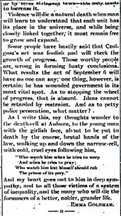 "The Tragedy at Buffalo" Article by Emma Goldman from Free Society, October 6, 1901, Page 5