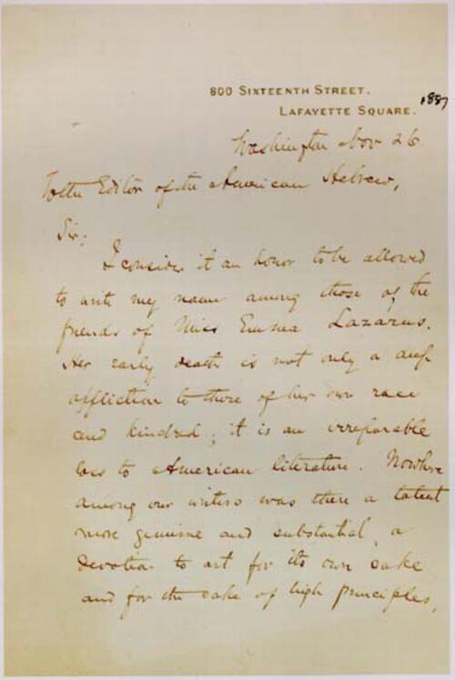 Letter from John Hay to Editor of American Hebrew, Nov. 26, 1887, page 1