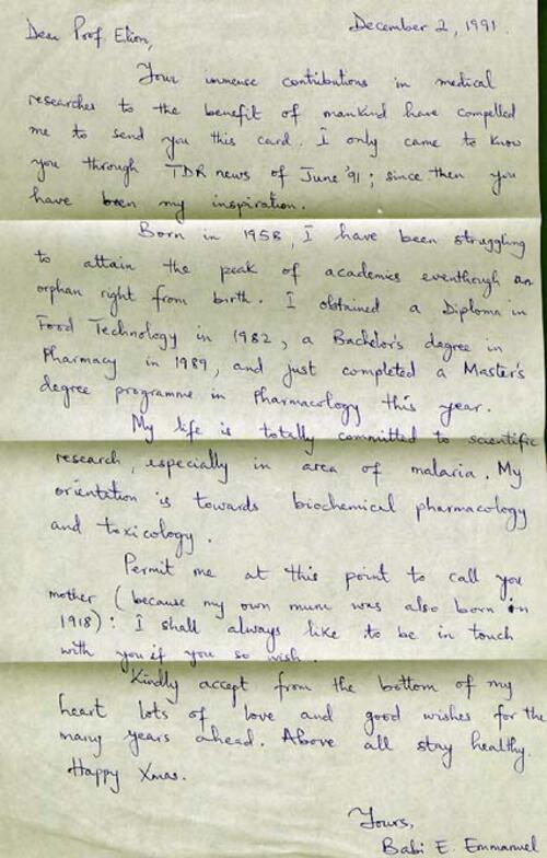 Letter from Babi E. Emmanuel to Gertrude Elion, December 2, 1991, page 2