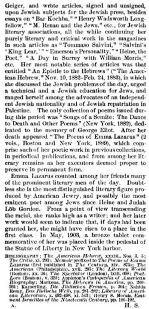 Encyclopedia Entry on Emma Lazarus by Henrietta Szold in the 1906 "Jewish Encyclopedia", Page 3