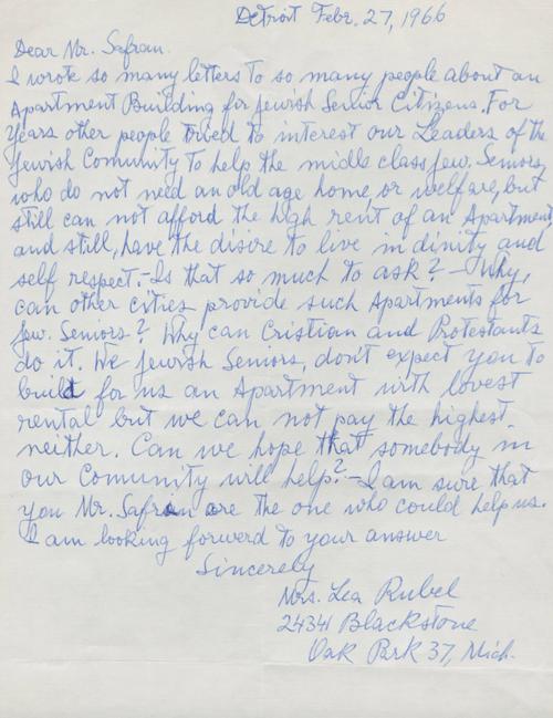 Letter from Leah Rubel to Mr. Safron, 1966