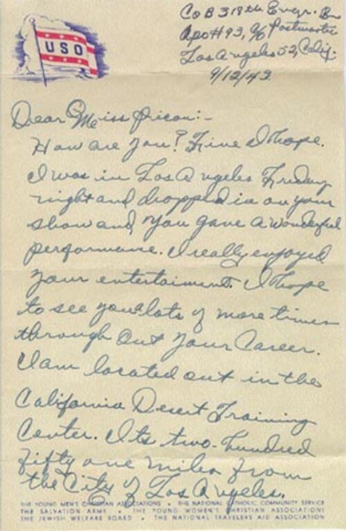Fan Mail to Molly Picon From Private Herbert Rowland, September 12, 1943
