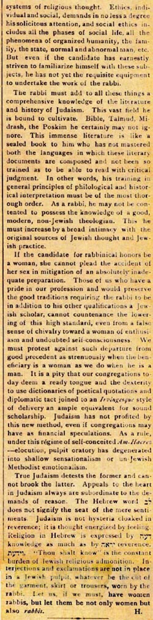 Editorial on Woman on the Pulpit from "The Reform Advocate," November 11, 1893, Page 3