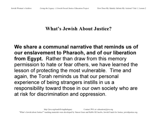 "What's Jewish About Justice?" Signs: We Share a Communal Narrative...