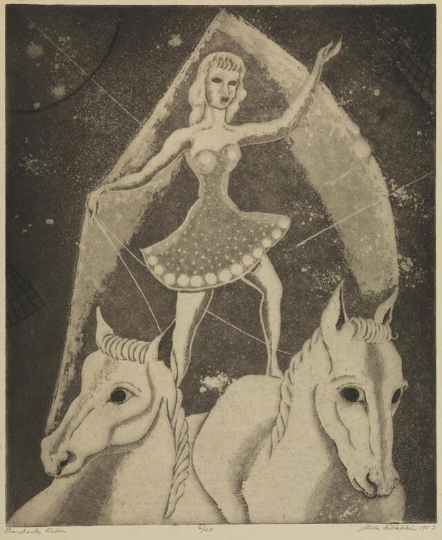 An illustration of a woman in a short, sparkling costume standing astride two white horses