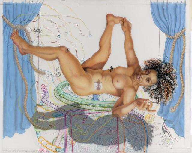 Portrait of naked woman lying on back holding her right foot, colorful line drawings in background