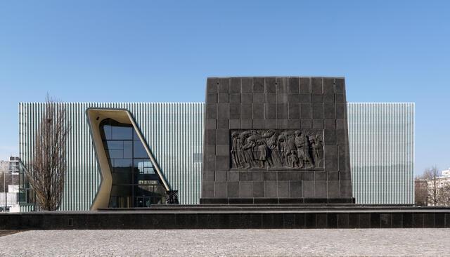 Exterior side of the POLIN Museum of the History of Polish Jews showing the Monument to the Ghetto Heroes