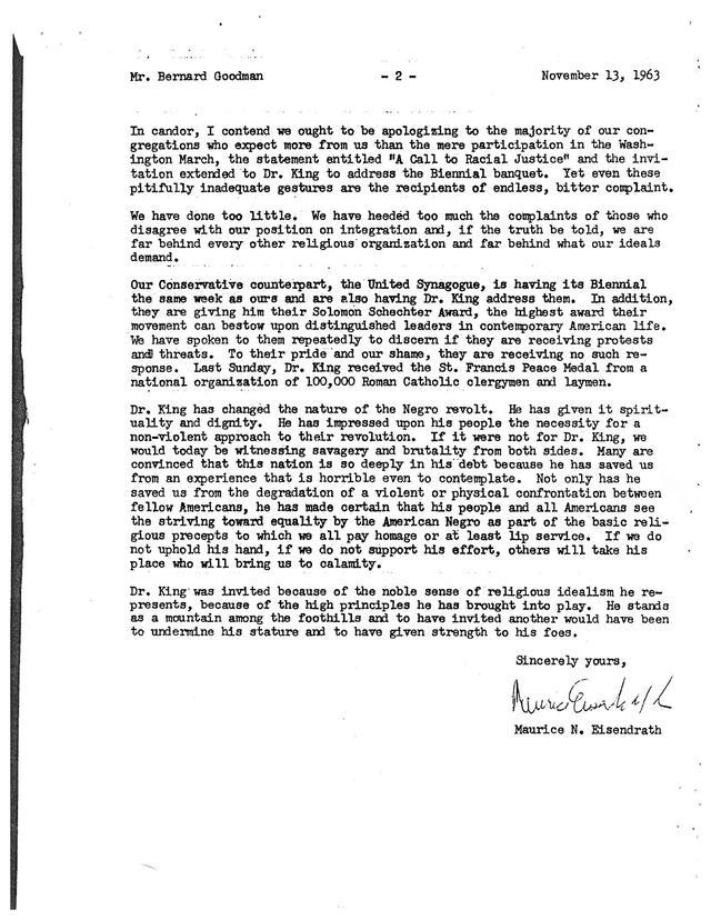 Letter from Rabbi Eisendrath to Bernard Goodman, November 13, 1963, page 2 of 2