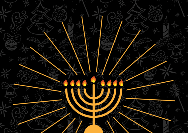 Graphic of Christmas symbols overlaid with a large, shining menorah
