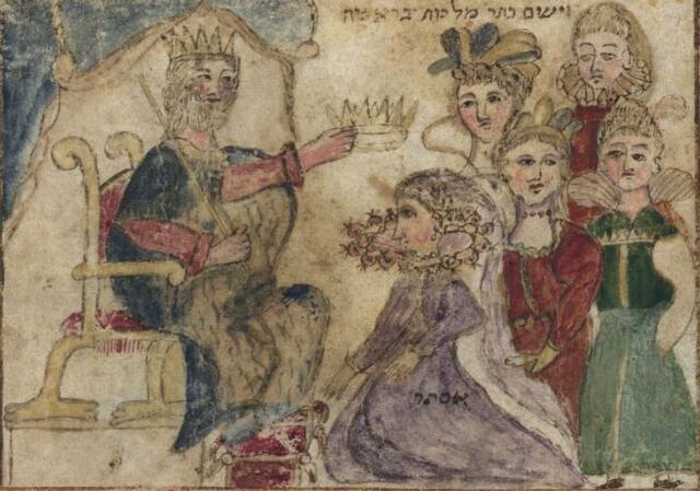 Esther kneels before King Ahasuerus as he crowns her, with the caption in Hebrew: "He placed the queen's crown on her head." 
