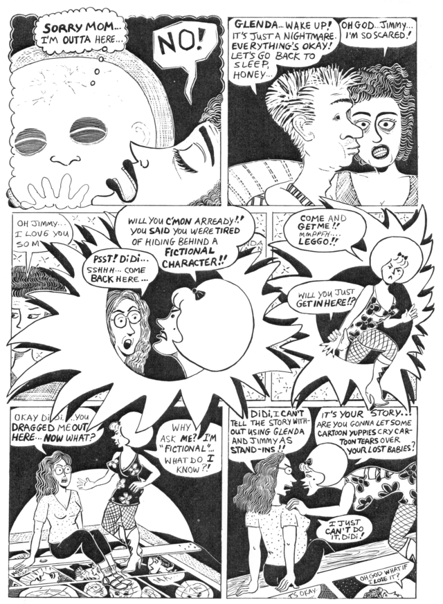 A page of a comic in which a woman wakes up from a nightmare, and there is a "fourth wall break" where another woman drags the author out from behind the comic strip and tells her to stop telling her own story through fictional stand-ins