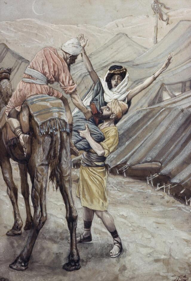 A man holds a panicking Dinah as another man on a camel reaches for her. 