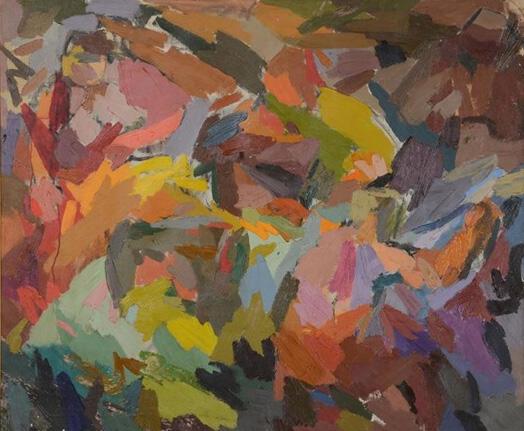 An abstract painting of an assortment of swatches in rainbow colors