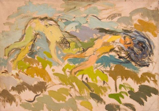An abstract painting featuring two people tumbling in a landscape, done in predominantly shades of blue and olive green