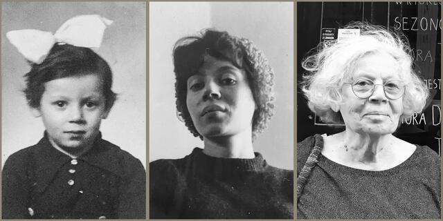 A triptych with close-up photos of Irena Klepfisz as a girl wearing a bow in her hair, a young woman, and as an older woman posing on a street