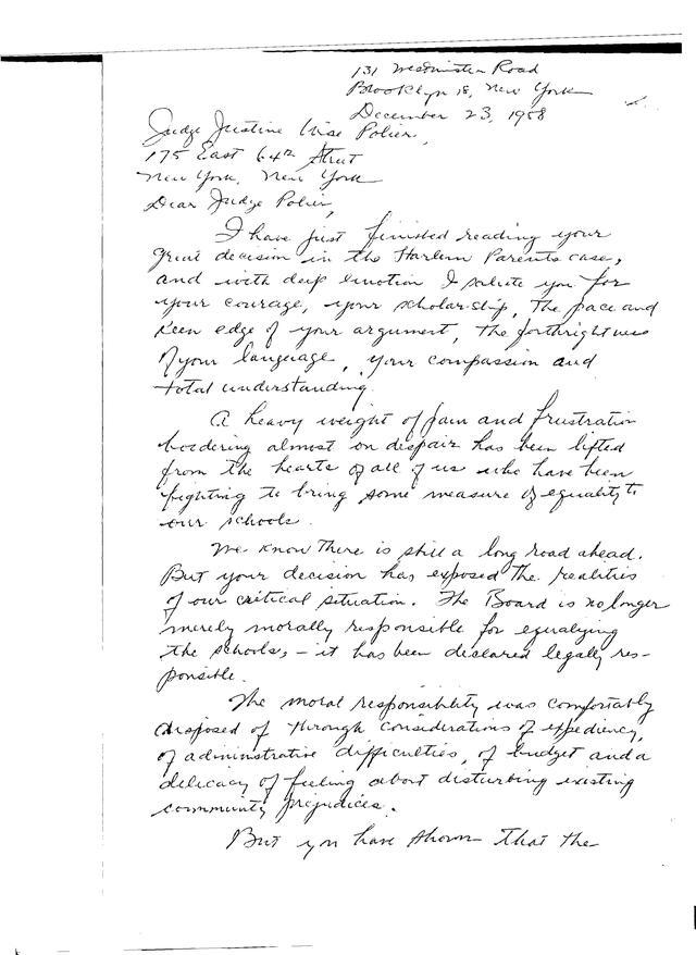 Letter To Justine Wise Polier From Annie Stein, December 23, 1958, page 1