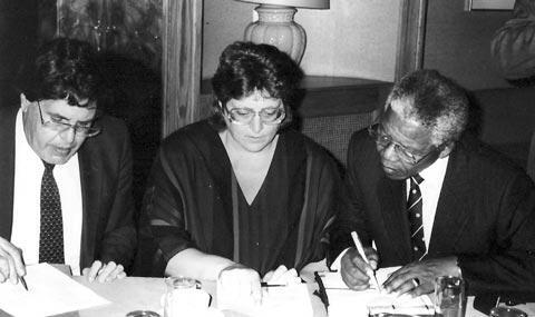 Gil Marcus, Nelson Mandela, and Michael Katz, December 1990