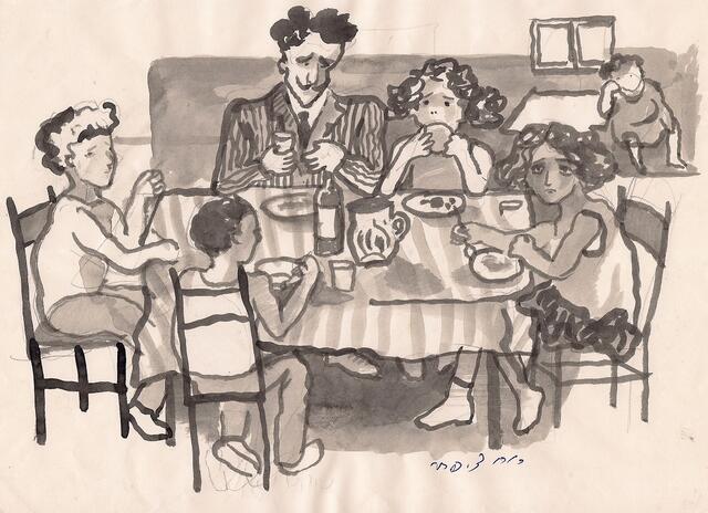 Watercolor illustration of four sad children and a man in a pinstripe suit sitting around a table, eating