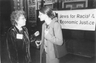 Writer and editor Melanie Kaye Kantrowitz (left) speaking with Esther Kaplan at an event held by the organization Jews for Racial and Economic Justice 
