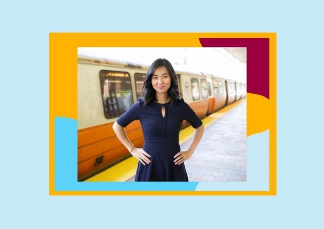 Collage of Michelle Wu standing in front of an orange line train