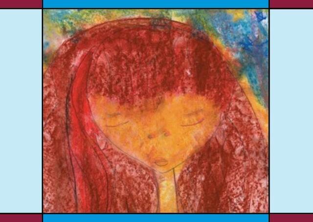 Illustration for "With All Your Heart" Weekly Prayer Book: Image drawn with crayon of woman with red hair, bordered by color blocking in blue and maroon