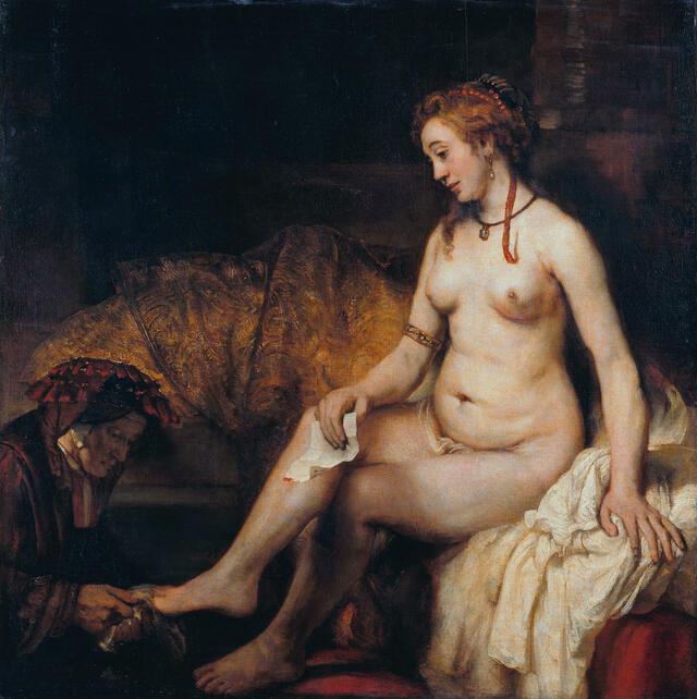 Oil painting of Bathsheba, nude at the bath, holding King Davids Letter in her right hand