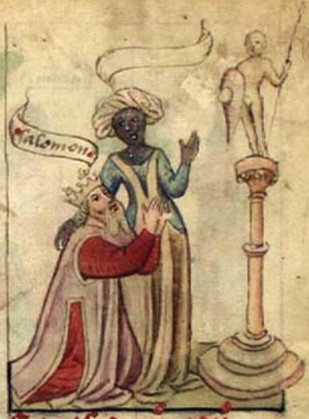 King Solomon and Queen of Sheba as depicted in an illuminated manuscript of Speculum Humanae Salvationis.