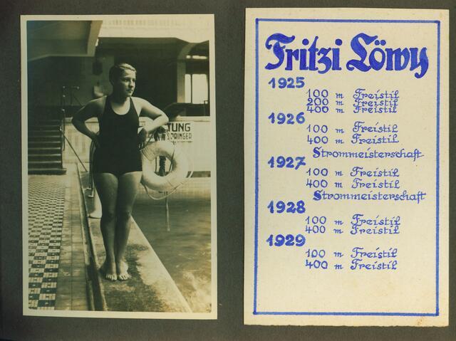 A photo of Fritzi Löwy wearing a bathing suit and standing beside a pool, and a chart listing her races by year