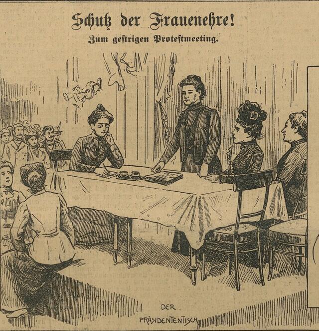 Sketch of three women sitting around a table, one standing, and a crowd of men and women looking at them