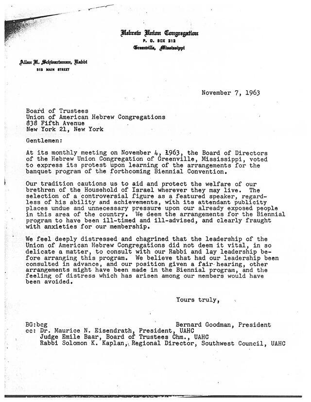 Letter from Hebrew Union Congregation to the Union of American Hebrew Congregations, November 7, 1963