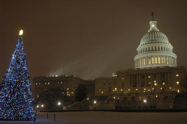 United States Capital, featuring Christmas tree in foreground.