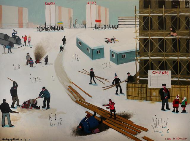 A painting of a construction site in winter. It is chaotic, featuring a man exposing himself to two children, people stealing lumber, a woman falling into a deep pothole, a gang beating a man, people drnking, and two competing protests in the distance.