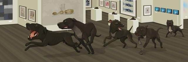 A painting of five dogs running through an art gallery