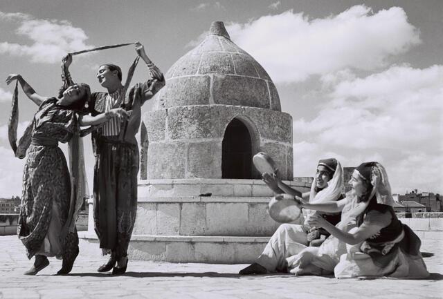 Bukharan dance performed by members of the Rina Nikova ballet in the citadel in Jerusalem. 1946.