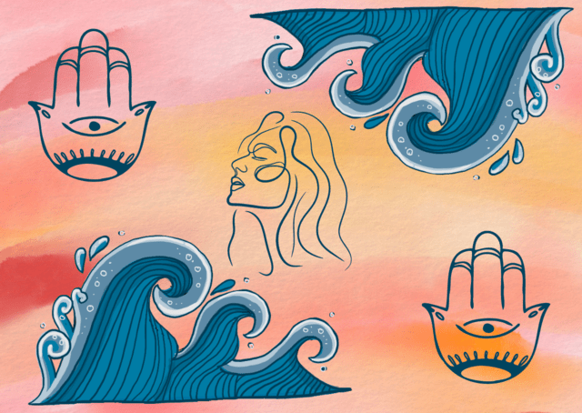 Collage of waves, hamsa, and woman's face on pink orange background