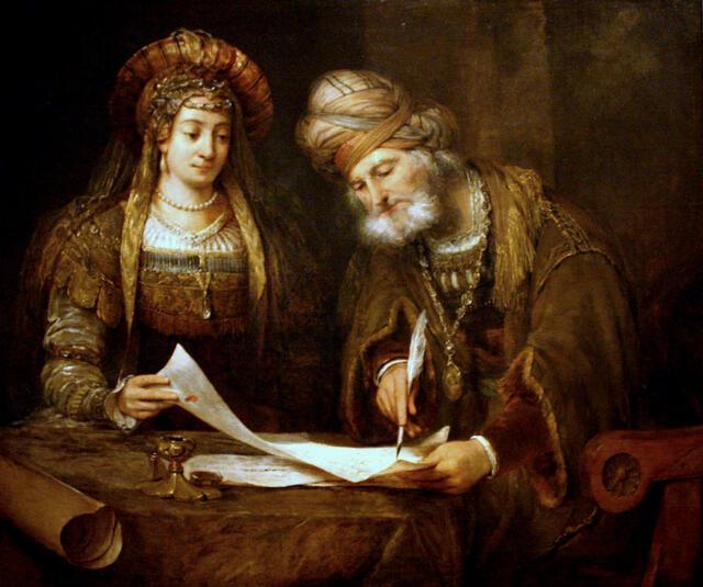 "Esther y Mardoqueo escribiendo la primera carta del Purim" by Aert de Gelder