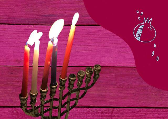 Photograph of Hanukkah candles outdoors collaged on a dark pink background