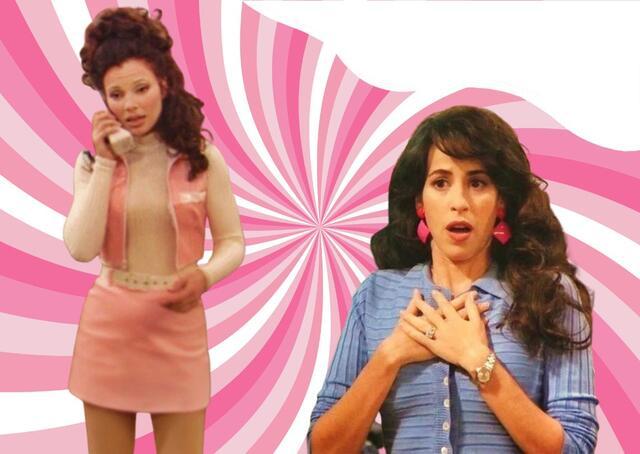 Collage of Fran Fine and Janice Litman-Goralnik on pink striped background