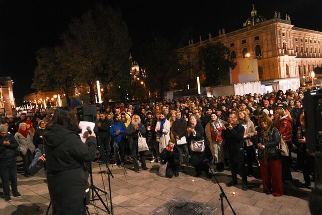 Woman seen from the back speaking in front of large crowd of people in the evening