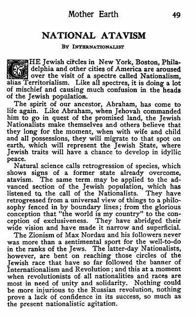 Article Critical of Jewish Nationalism From the First Issue of Mother Earth, Page 1