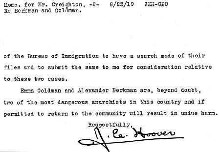 J. Edgar Hoover on Emma Goldman and Alexander Berkman, August 23, 1919, page 2