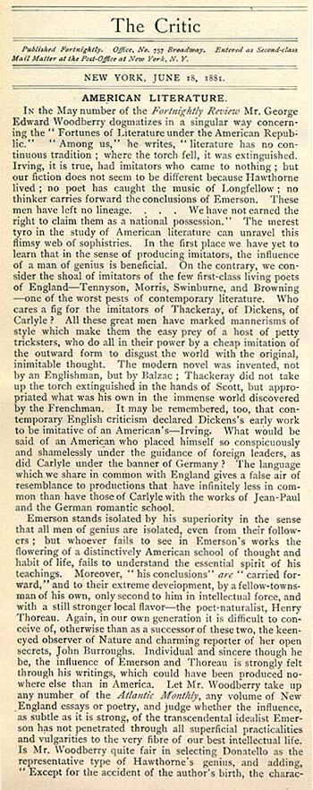 "The Critic" Essay on American Literature by Emma Lazarus, June 18, 1881 (Page 1 of 2)