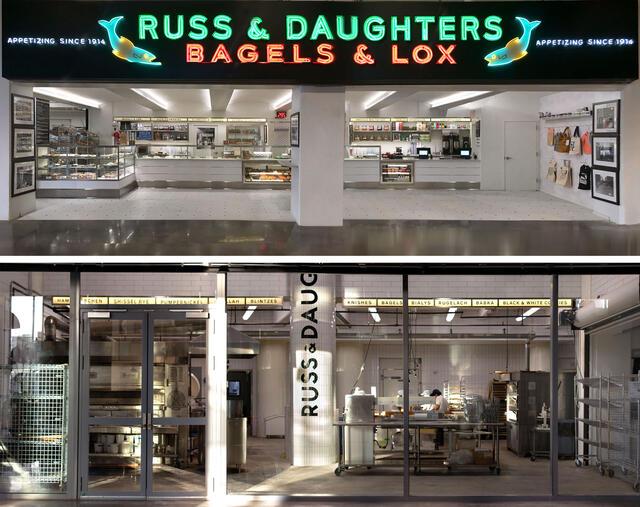 Top image of Russ & Daughters storefront at the Brooklyn Navy Yard with neon sign and open white interior. Bottom image looking through glass wall into kitchen area.