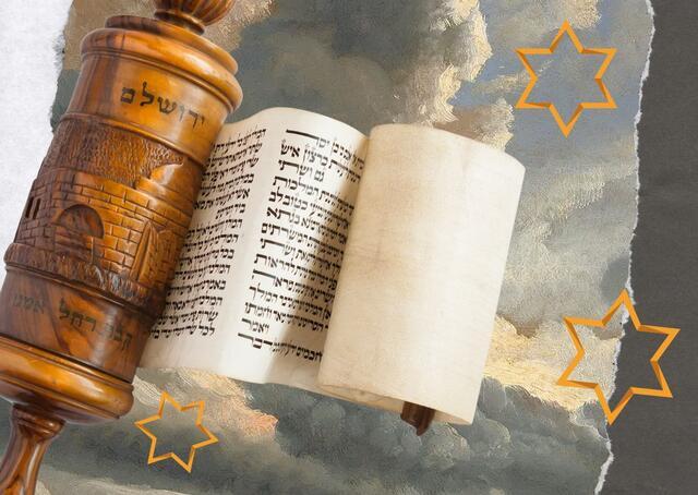 Collage of a torah scroll with the sky in the background