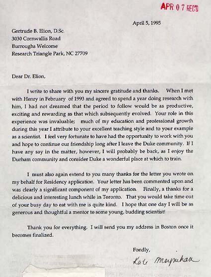 Letter from Kate Moynihan to Gertrude Elion, April 5, 1995