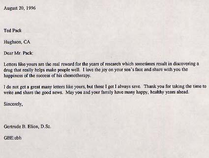 Letter from Gertrude Elion to Ted Pack, August 20, 1996