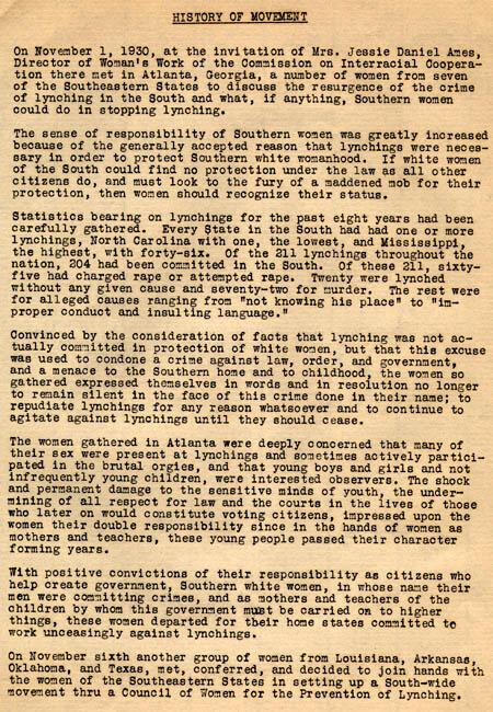 Excerpt from Program of the Conference of the State Committee of Women for the Prevention of Lynching, November 1, 1930
