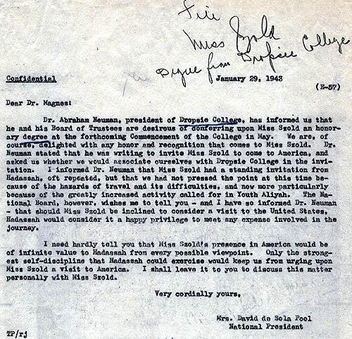 Letter from Mrs. David de Sola Pool to Dr. Judah Magnes, January 29, 1943